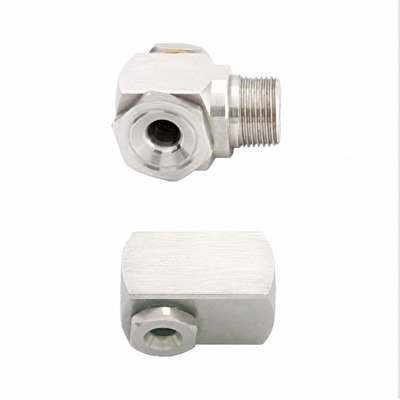 Stainless-steel hollow cone industrial spray nozzle on a neutral background